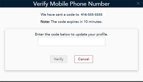 Verify mobile phone number popup appears to enter the verification code that was sent to the mobile number.